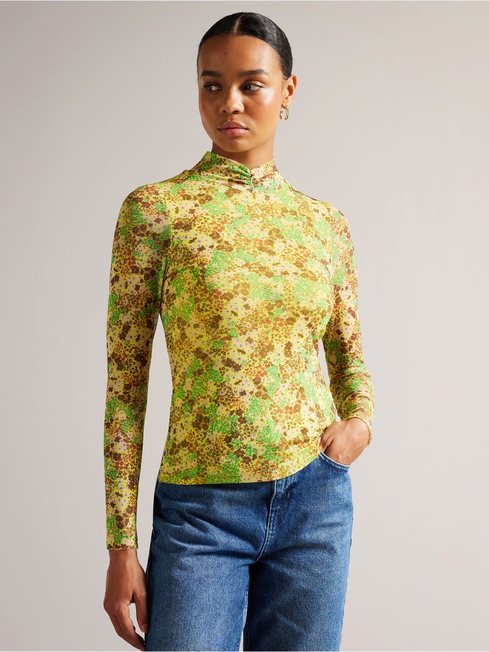 Ted Baker London Lennix Floral Mesh Mock Neck Long Sleeve Top Womens Size 2